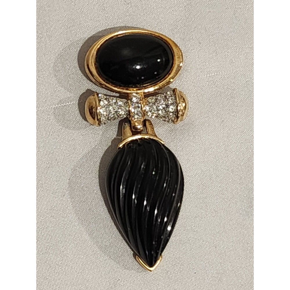 Vintage CRAFT Signed Black Glass Cabochon and Rhinestone 80s Brooch